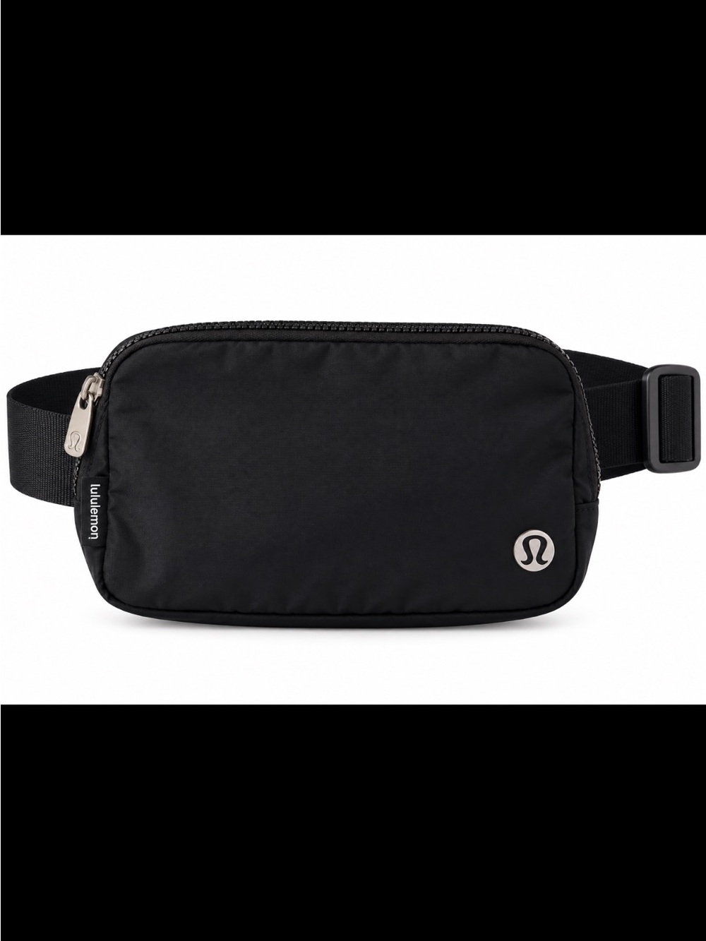 lululemon black crossbody belt bag with silver logo emblem
